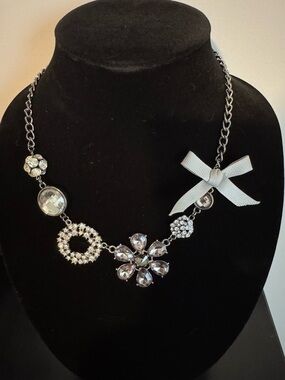Crystal Flower Statement Necklace with Gray Bow - Women Jewelry